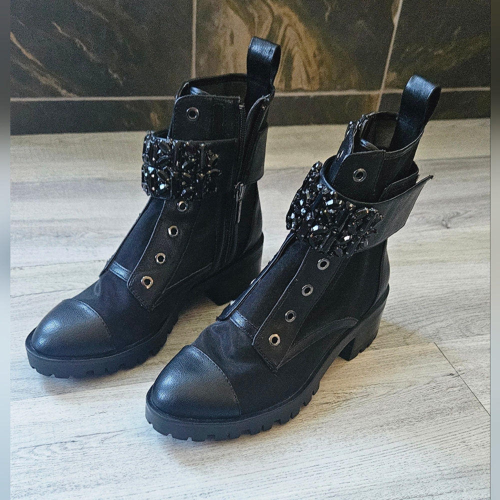 NEW Karl Lagerfeld Summer Mesh Black Leather PIPPA Combat Boots Lug Sole 7.5 - Picture 9 of 12